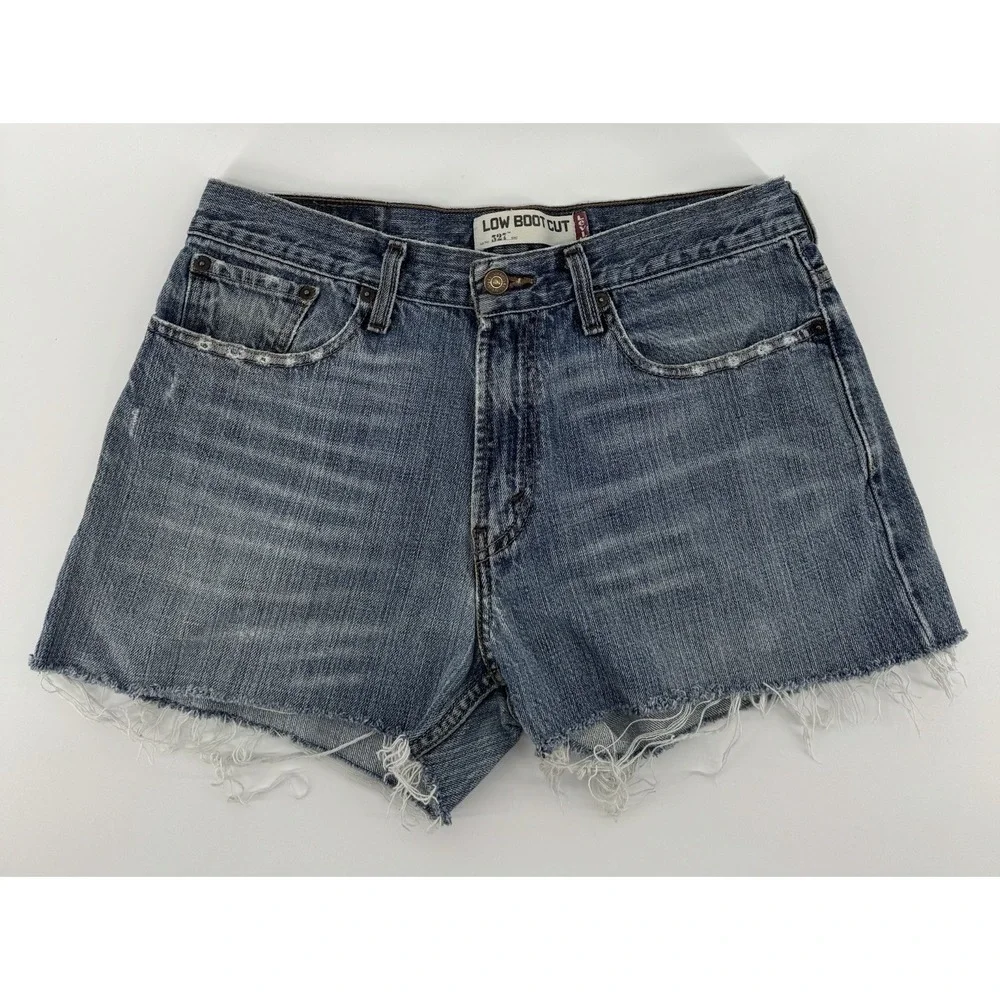 Levi's 527 Women's High Rise Cut Off Blue Denim Shorts Distressed Size 32W